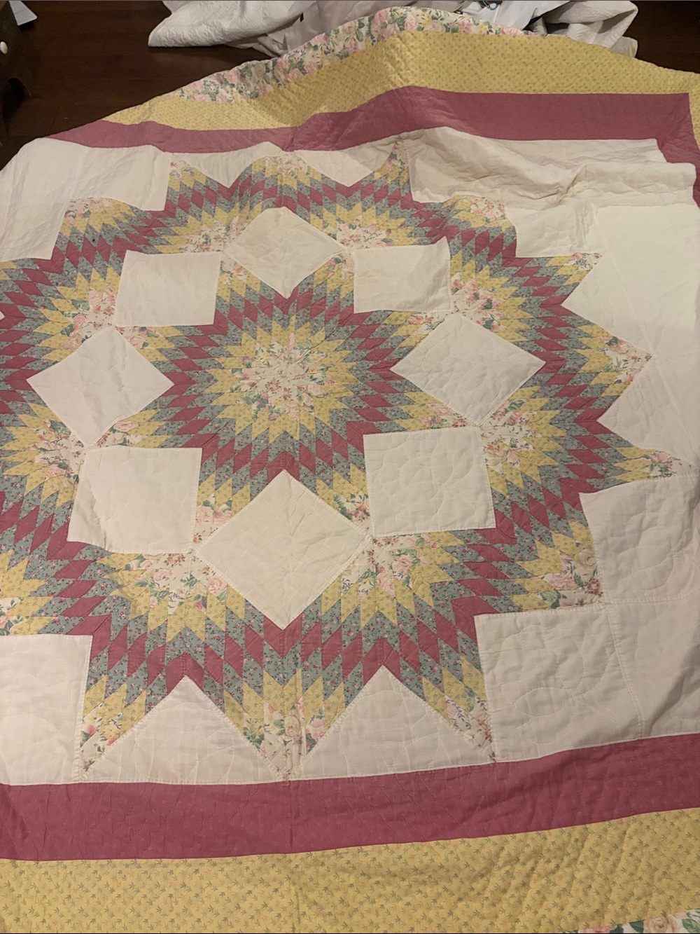 Signed Handmade Patchwork Lone Star  Floral Quilt - Pink, Yellow & Cream, 1992